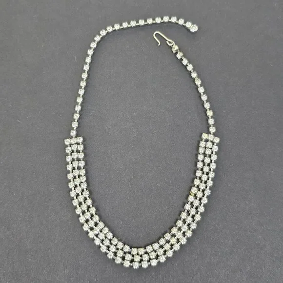 Vintage 3 Row Clear Crystal Rhinestone Collar Choker Necklace Retro 60s 15" Long - Picture 8 of 9